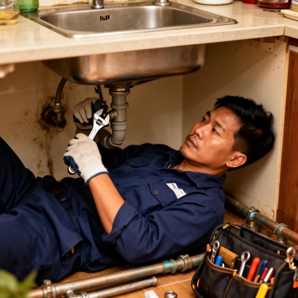 Thợ sửa chữa đường ống thoát nước chậu rửa